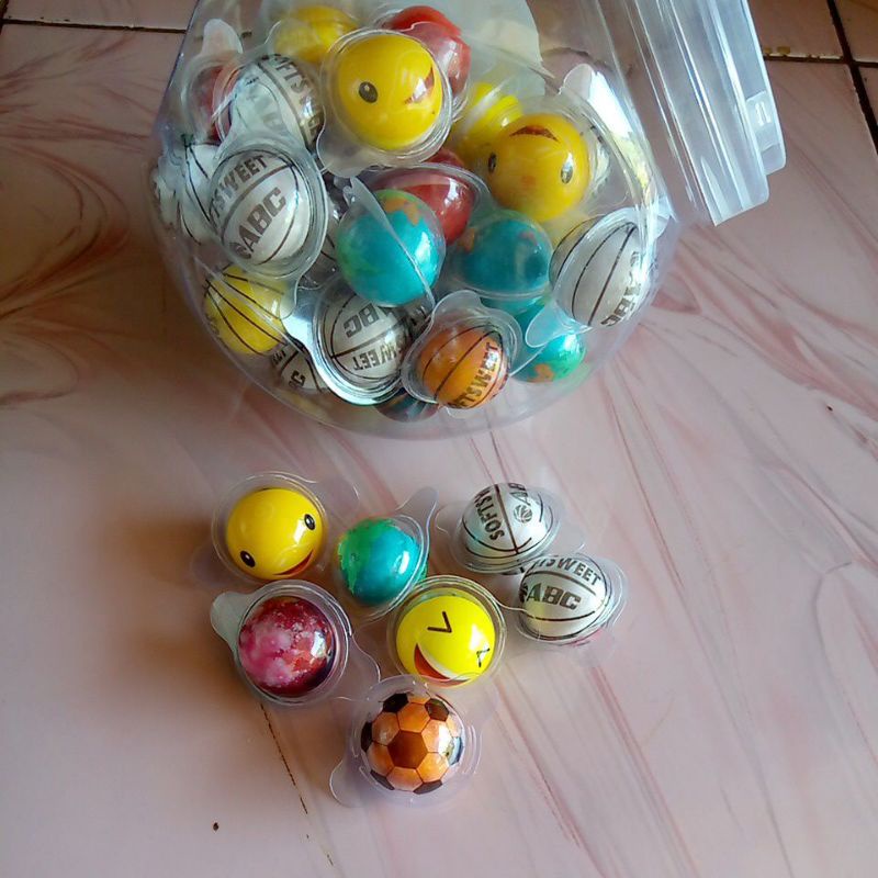 (Toples Isi 50pcs) Semangka Bubble Gum / Planet Bubble Gum / Bola Basket Bulat Mata / Permen Karet Lunak Viral Korea / Kemasan Mirip Trolli Planet Jelly Gummy Korea