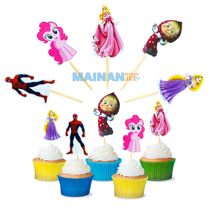 MAINANKEI PERLENGKAPAN PESTA CUP CAKE TOPPER KARAKTER SET ISI 10 HIASAN KUE ULANG TAHUN