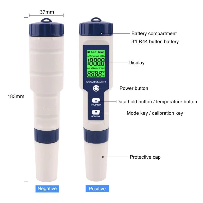 pH TDS EC Salinity Temperature Meter Tester Pen Waterproof 5in1 Digital Water Quality Tester EZ-9909SP