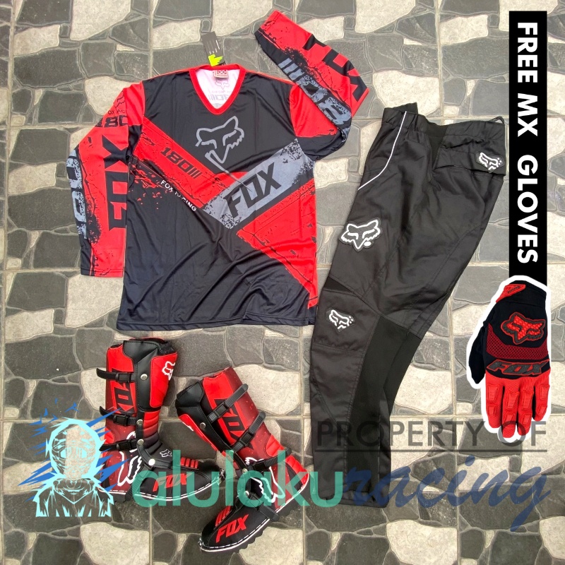Jersey, Celana, Sarung Tangan &amp; Sepatu Fullprint with Protectors Fullset MX Trail Motocross - Paket Bundling FOCTFG150103-F43