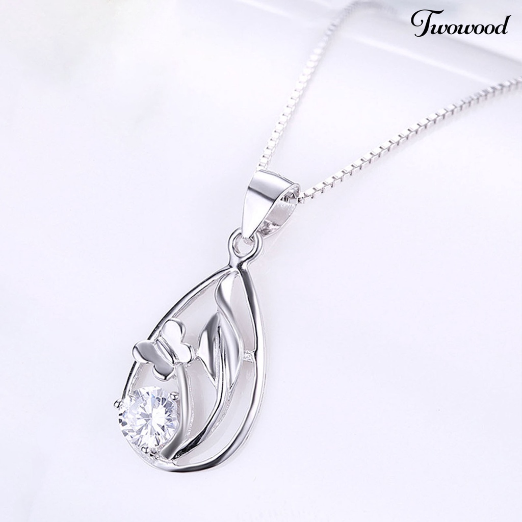 Kalung Klavikula 925 Silverhoo Model Hollow Water Drop Bunga Rumput Cubic Zirconia Untuk Kencan