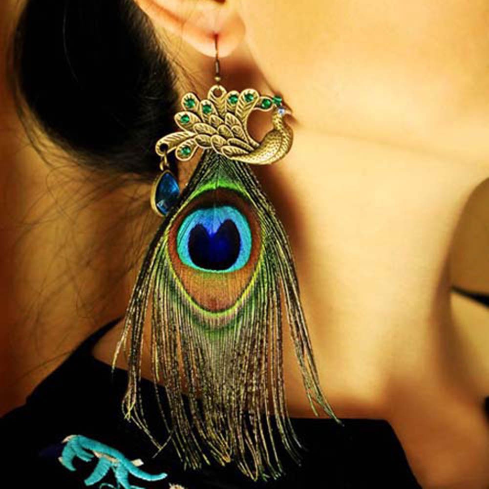 Hu Hu Hu Hu Hu Alat Bantu Pasang Kacamata♡ 1pc Anting Kait Gantung Statement Wanita Desain Bulu Merak Gaya Bohemian Menarik Untuk Hadiah