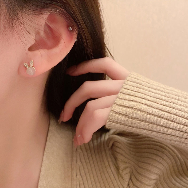Anting Stud Desain Kelinci Mermaid Aksen Mutiara Bahan 925 silver needle