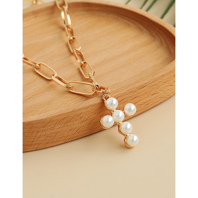 LRC Kalung Wanita Fashion Gold Color Alloy Double Pearl Cross Necklace P03025