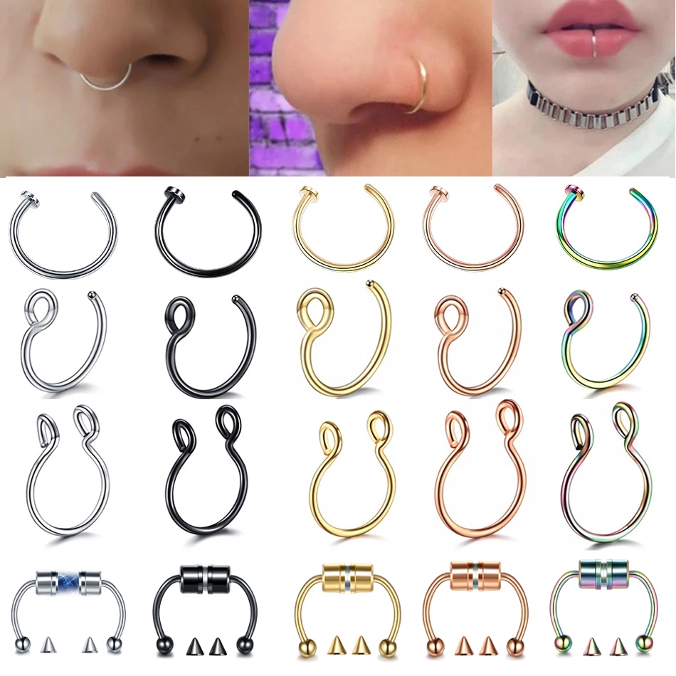 1 Pc Cincin Hoop Septum Hidung Palsu Bahan Stainless Steel Untuk Wanita