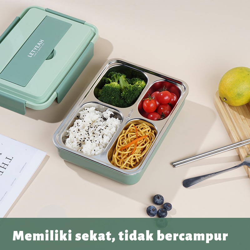 Letyeah &amp; Anantagt 4 Grid lunch box tempat makan Stainless Steel 304  Kotak Makan anti bocor 1000ml