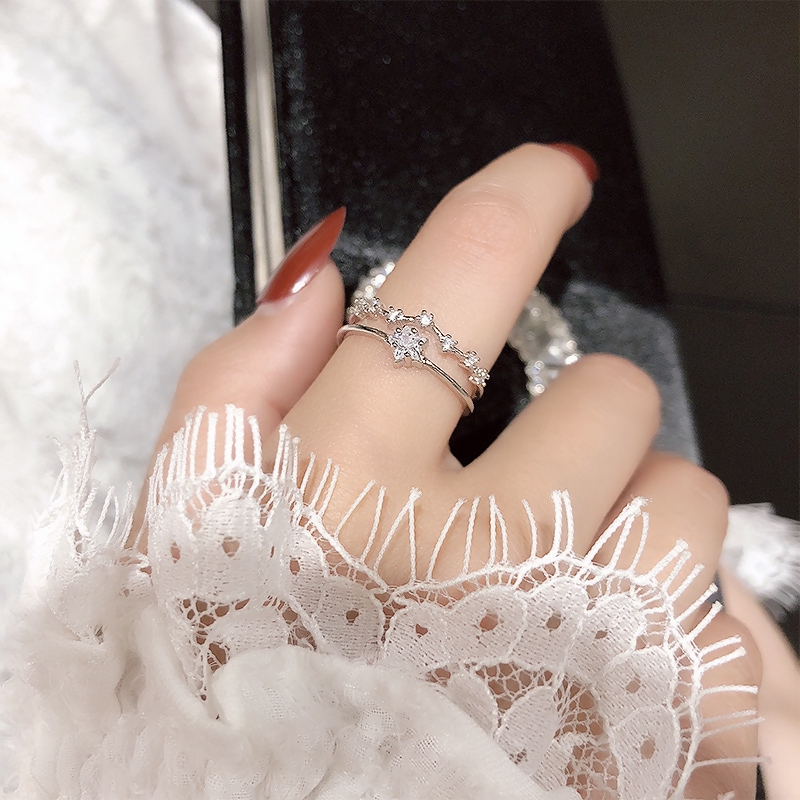 2021 Cincin Silver Multi Layer Adjustable Desain Bintang Hias Kristal Berkilau Untuk Wanita