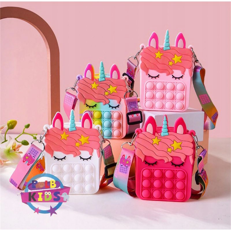 BLB Kids Tas Pop It Unicorn Kuda Poni Selempang Anak Rubber Gelembung Rainbow Pop It Unicorn Wallet Cross Bag Relieve Stress Children Fashion Bag