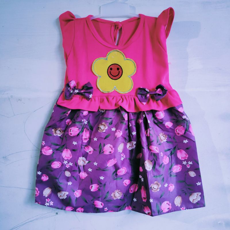 Dress anak cewek 1 2 Tahun perempuan tulip pita kartun smile ( Dress SmileTu)