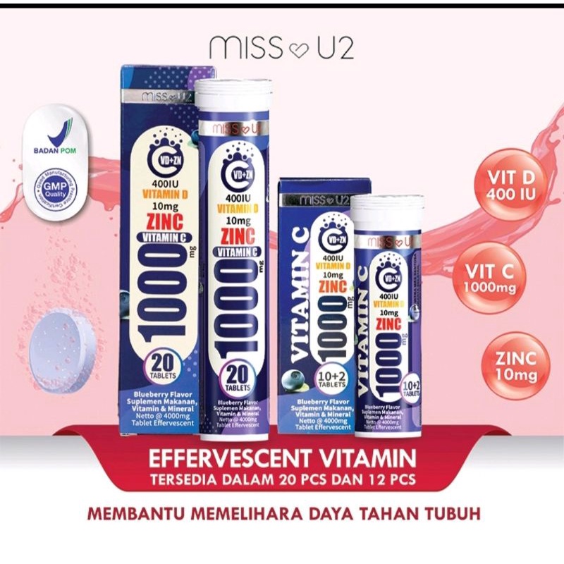 Miss U2 Vitamin C, Vitamin D & Zinc - Tablet Effervescent Rasa Blueberry - 12 Tablet