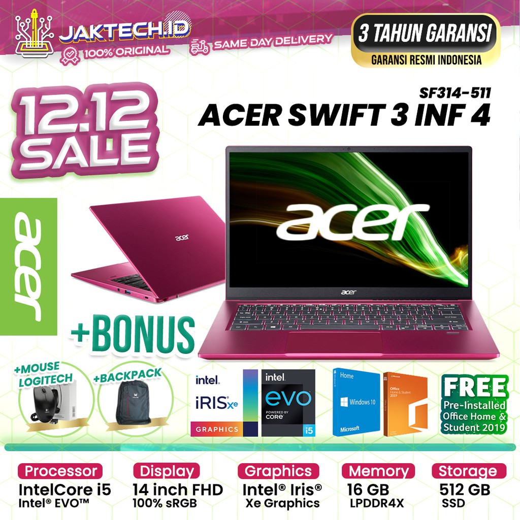 ACER SWIFT 3 Infinity 4 SF314 Core I5-1135G7 16GB 512GB 14&quot; FHD W10 OHS ORIGINAL DAN BERGARANSI RESMI