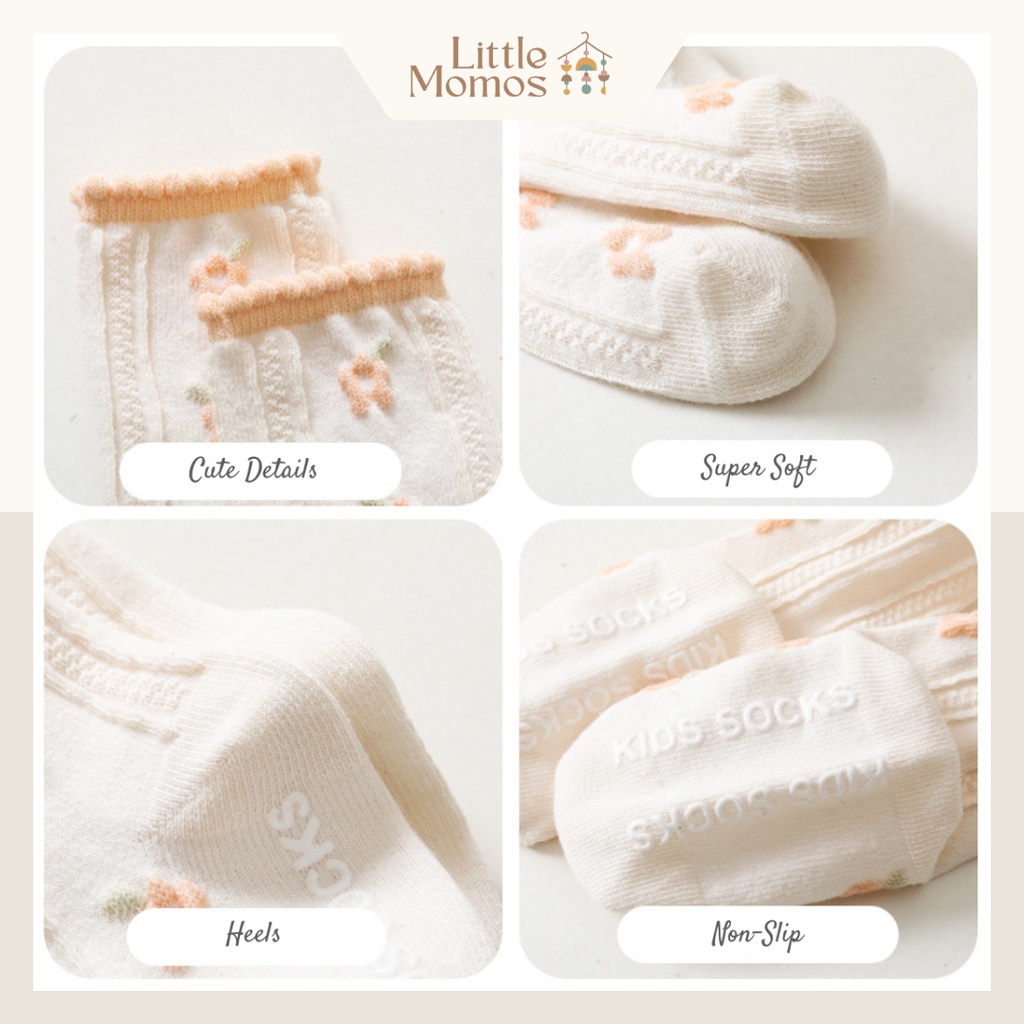 Little momos Kaos Kaki Panjang Anak Bayi Flower Embroidery 0-3 Tahun / Kaos Kaki Anak Perempuan Lucu dan Nyaman