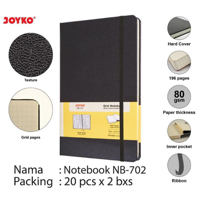 

JOYKO Notebook A5 NB-702 Grid Hardcover Pocket Diary Buku Catatan Kotak2 196 Hal 80 Gsm
