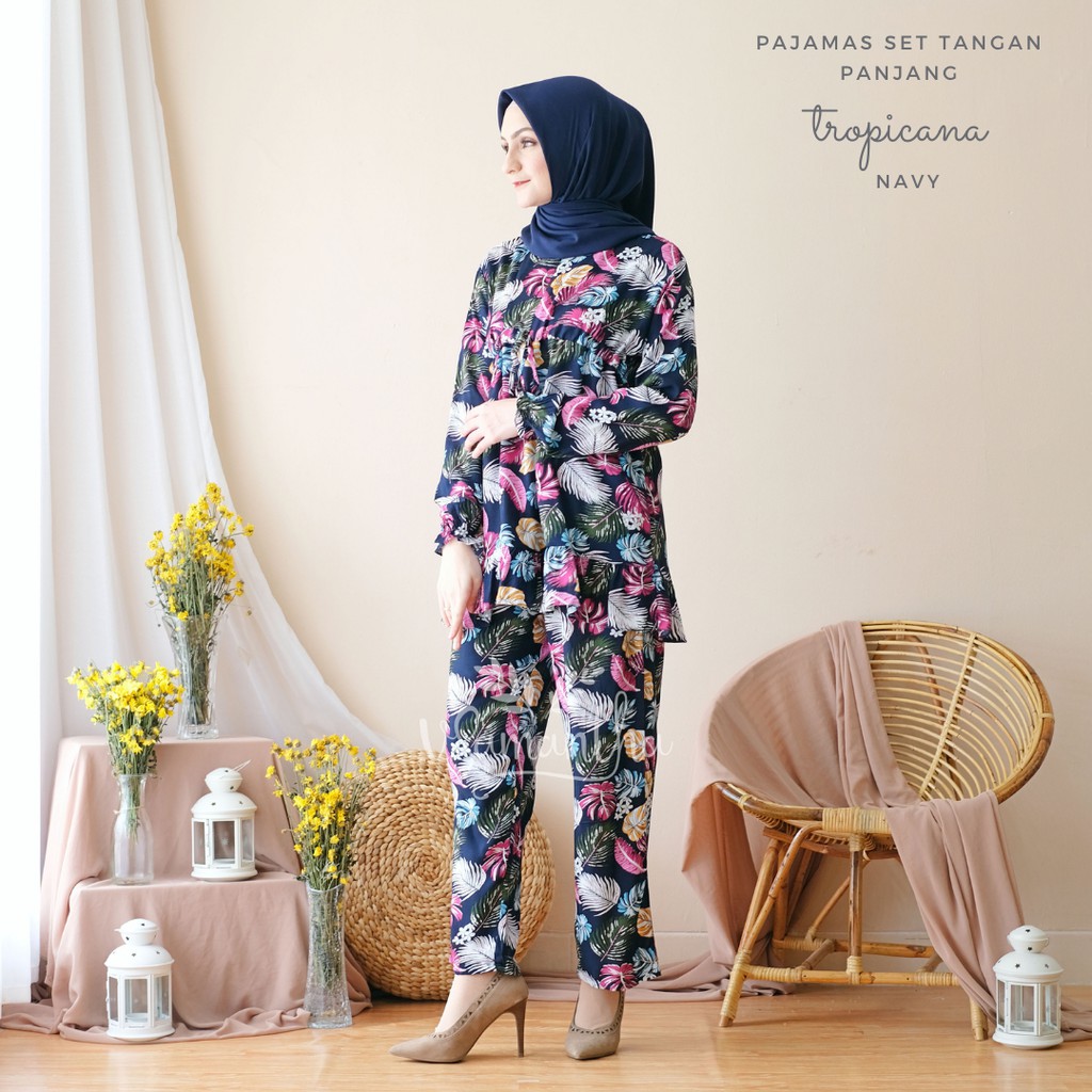 vSamantha - Pajamas Set / Piyama Set Muslim Rayon Rempel Busui Friendly - Tangan Panjang II-Tropicana Navy