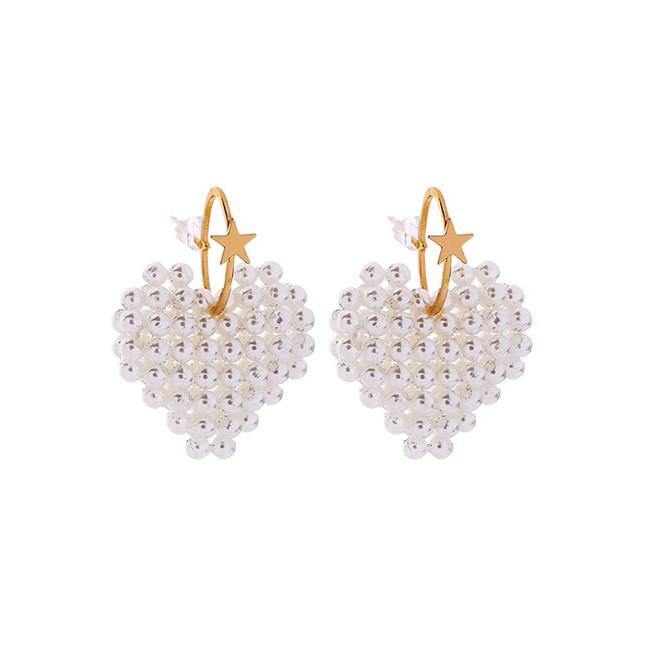 LRC Anting Tusuk Fashion Beige Star Hand-knitted Pearl Love Earrings D69575