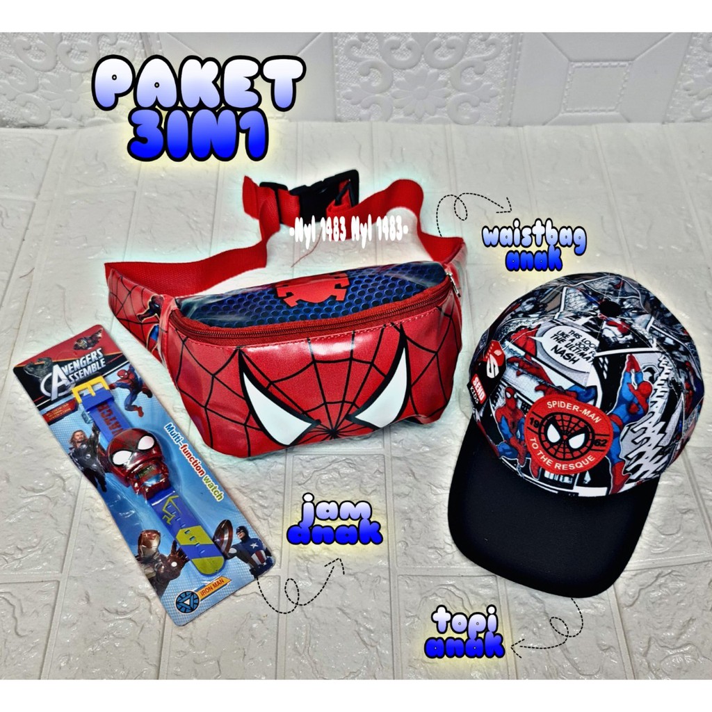 WAISTBAG ANAK LAKI LAKI, PEKET 3  IN 1 WESTBAG ANAK + TOPI ANAK LAKI LAKI + JAM MOTIF SPIDERMAN