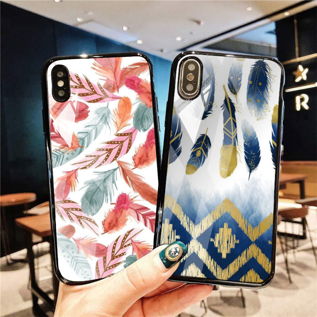 Back Case Glass Kaca motif bulu Oppo Vivo xiaomi samsung realme iphone all type NC3854