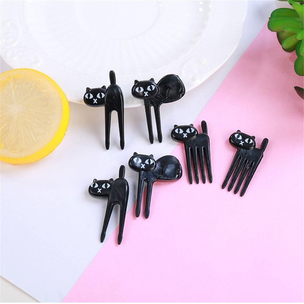 Solighter 6pcs Garpu Buah Desain Kartun Kucing Hitam Untuk Dekorasi Bento