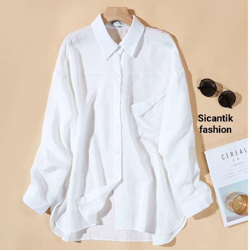 Saku Kemeja Wanita/Blus kemeja linen 2021 Kualitas tinggi Wanita/Atasan wanita kantor Wanita chic lengan panjang-KMJ SAKU~WHITE