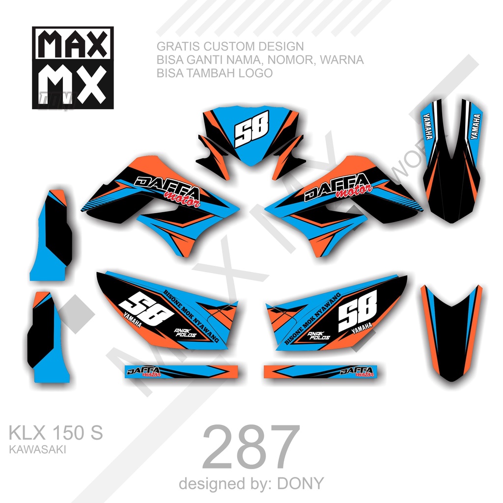 DECAL STIKER MOTOR KLX 150 S MOTIF GRAFIS BIRU ORANGE RACING