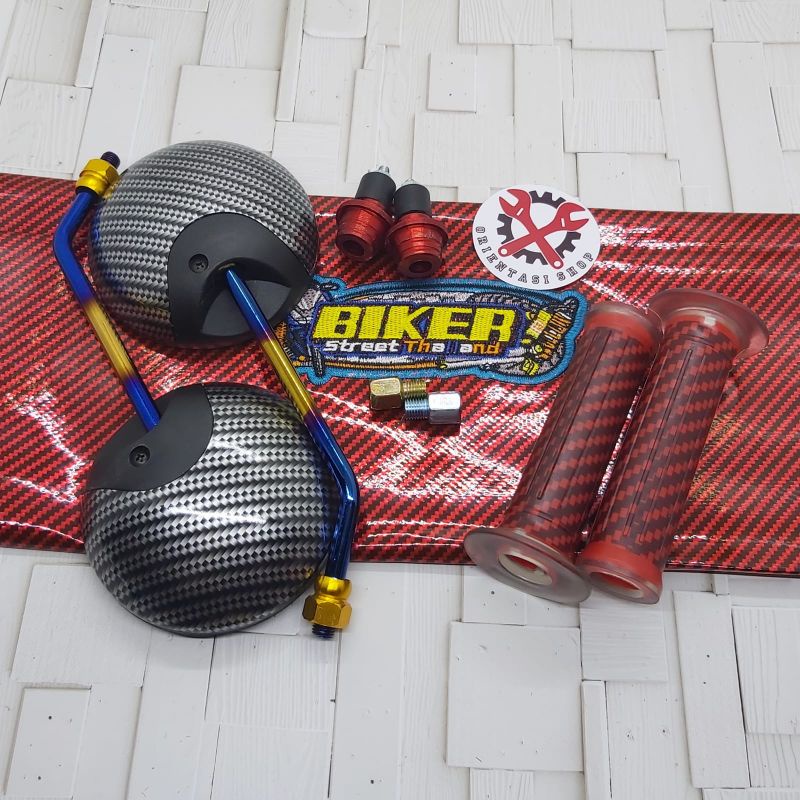 spion bulat Scoopy Carbon twotone+kulit jok biker+handgrip Carbon+Jalu stang universal motor Honda