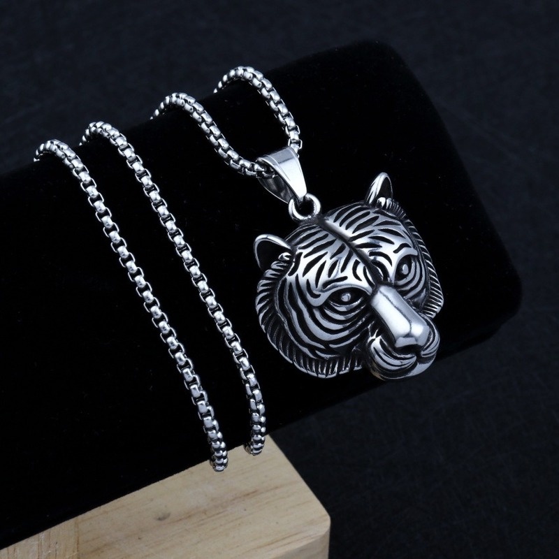 Kalung Liontin Kepala Harimau Bahan Stainless Steel Gaya Retro Eropa Amerika