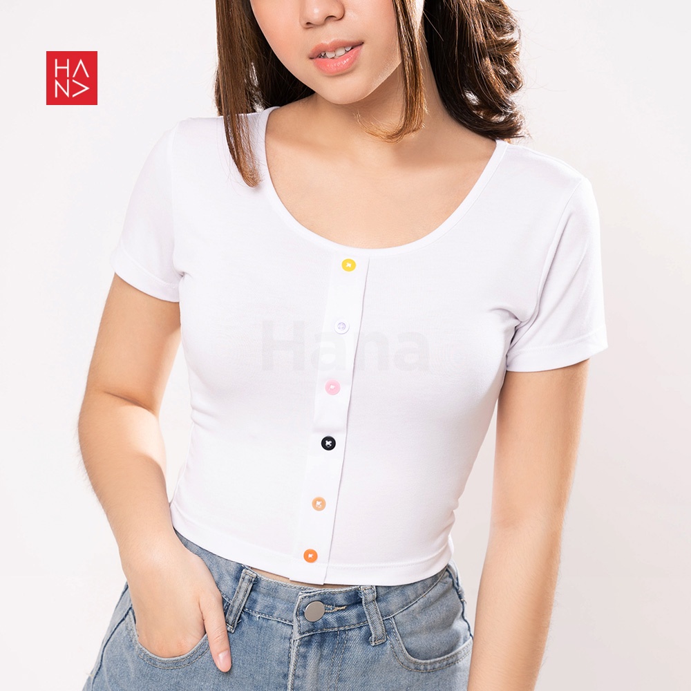 HanaFashion JKT - Lisa T-Shirt Colorful Button Kaos Wanita Lengan Pendek Crop Top - TS194
