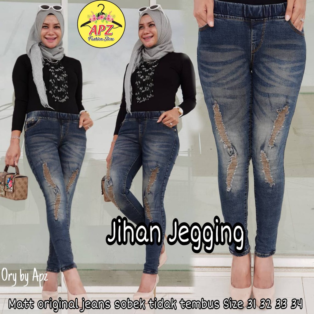 JIHAN JEANS SOBEK TIDAK TEMBUS PINGGANG FULL KARET