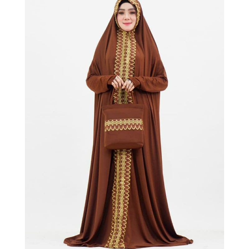 Mukena dubai renda hasna berlengan terusan premium terbaru coklat tua