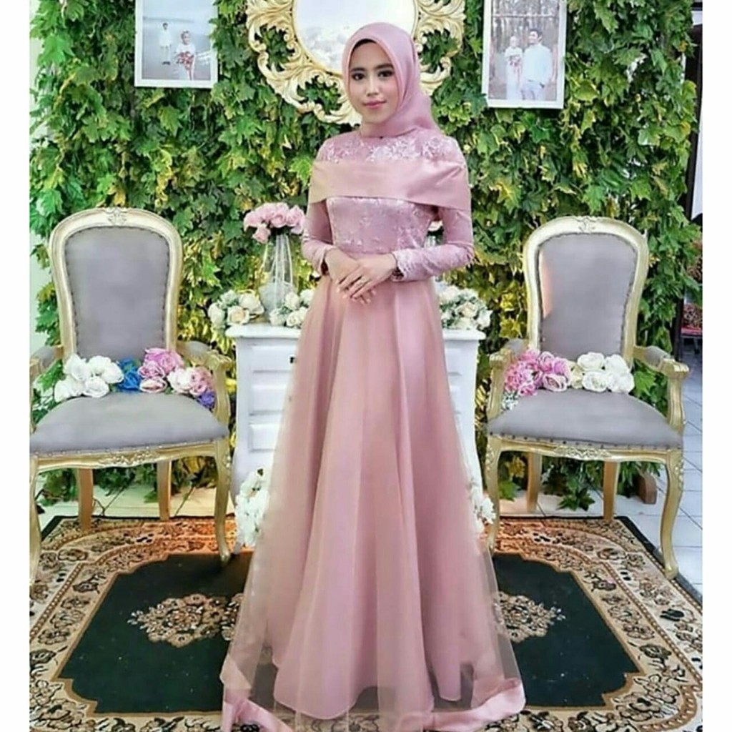 Sw25 Baju Gamis Pesta Muslim Remaja Wisuda Modern Maxy Tile Derosa Brukat Satin Warna Ungu Dusty