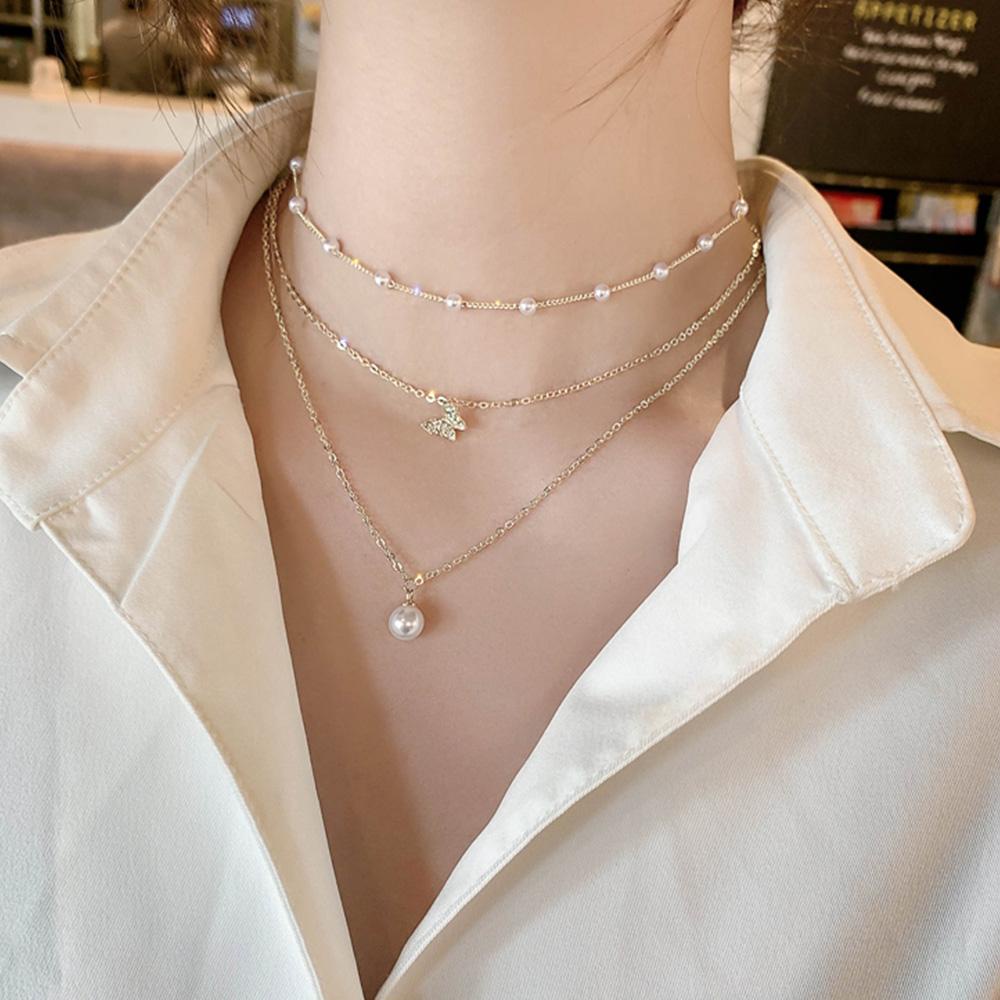 Needway Kalung Kupu-Kupu Wanita Korea Collares Perhiasan Multi Layer Rantai Klavikula Sederhana