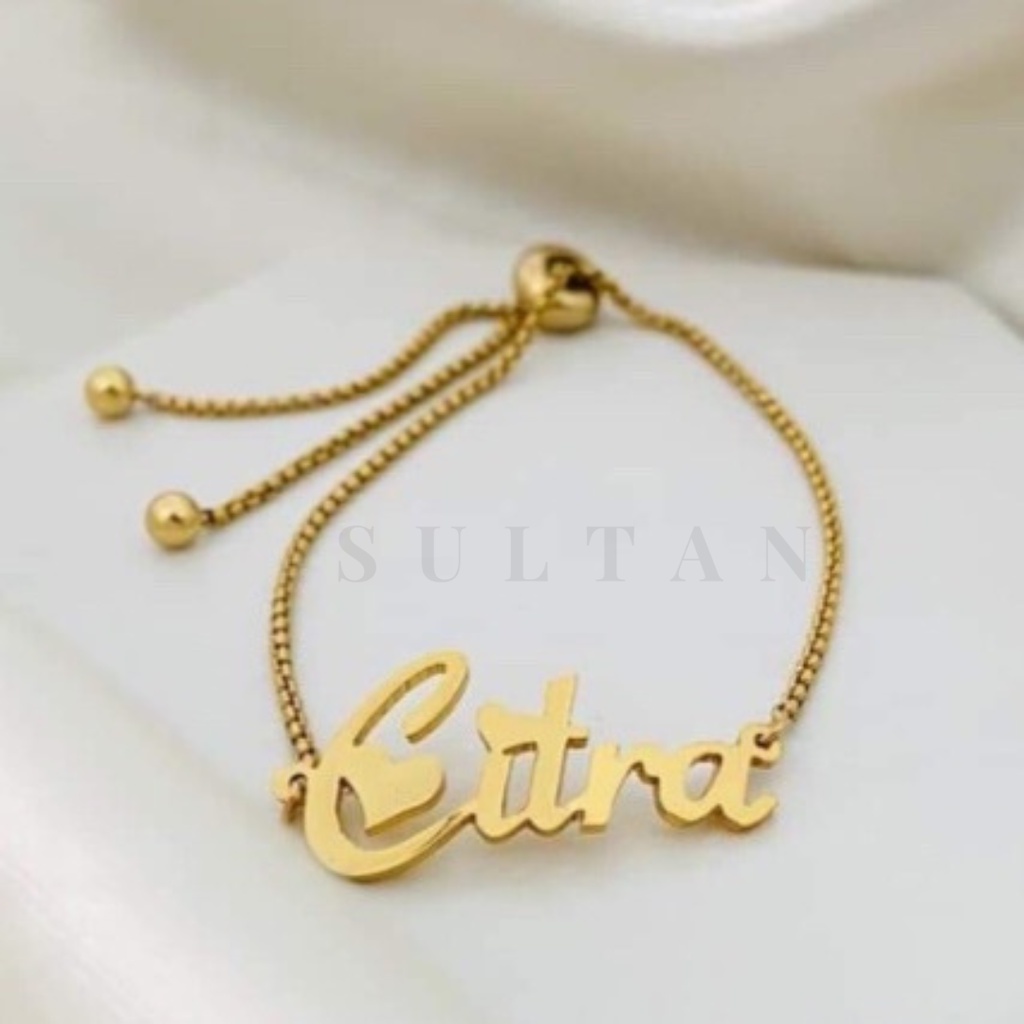 Gelang Serut Custom Nama Titanium Anti Karat Aksesoris Fashion Gelang Tangan Wanita Personalized Name Slider Adjustable Bracelet Customized