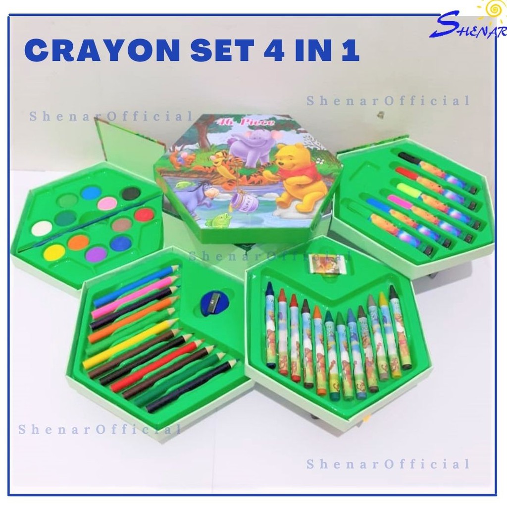 SHENAR CRAYON MENGGAMBAR MEWARNAI SET 4 SUSUN PENSIL WARNA ISI 46PC CAT AIR LUKIS ALAT GAMBAR MURAH DAN BERKUALITAS