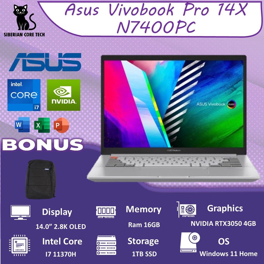 ASUS VIVOBOOK PRO 14X N7400PC OLED714 I7 11370H 16GB 1TBSSD RTX3050 4GB W11+OHS 14.0 2.8K OLED SLV