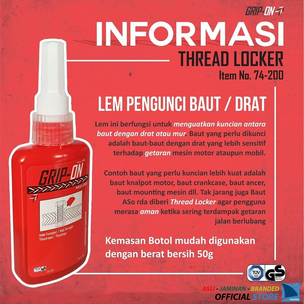 Cairan Lem Pengisi Celah Baut Anti Getar - Thread Locker GRIP-ON