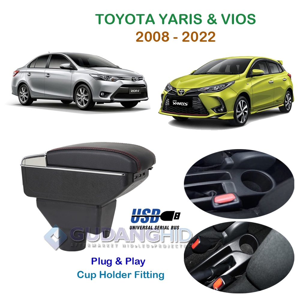 Armrest Mobil Toyota Vios Yaris 2008 s/d 2022 7 USB Port Charger + LED