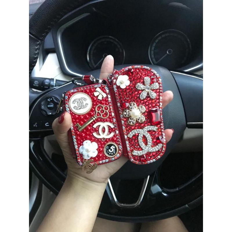 DOMPET KOTAK // Gantungan Kunci Mobil DAD crown chanel bling blink impor kulit ungu