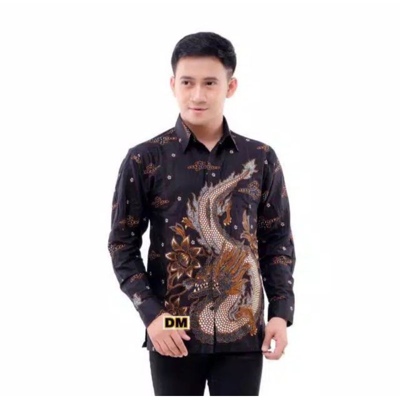 KEMEJA BATIK PRIA LENGAN PANJANG NAGA HITAM