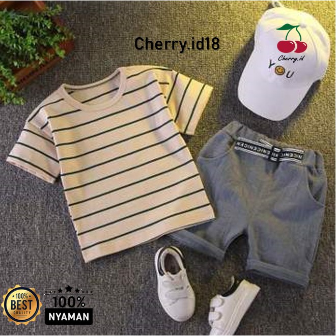 Cherry (BACA NOTE) COD Setelan Baju Anak Lengan Pendek / Pakaian Anak Motif Garis SB09