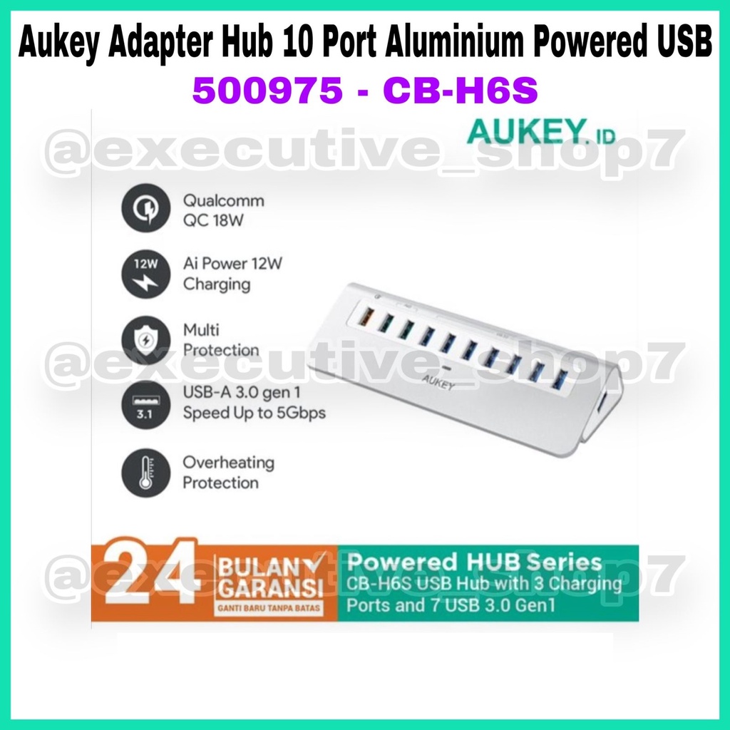 Aukey Adapter Hub 10 Port Aluminum Powered USB 500975 - CB-H6S