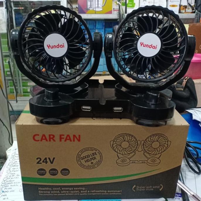 KIPAS MOBIL DOUBLE DC 12V 24V USB YUNDAI 044 PORTABLE 12 24 VOLT HRG DISKON