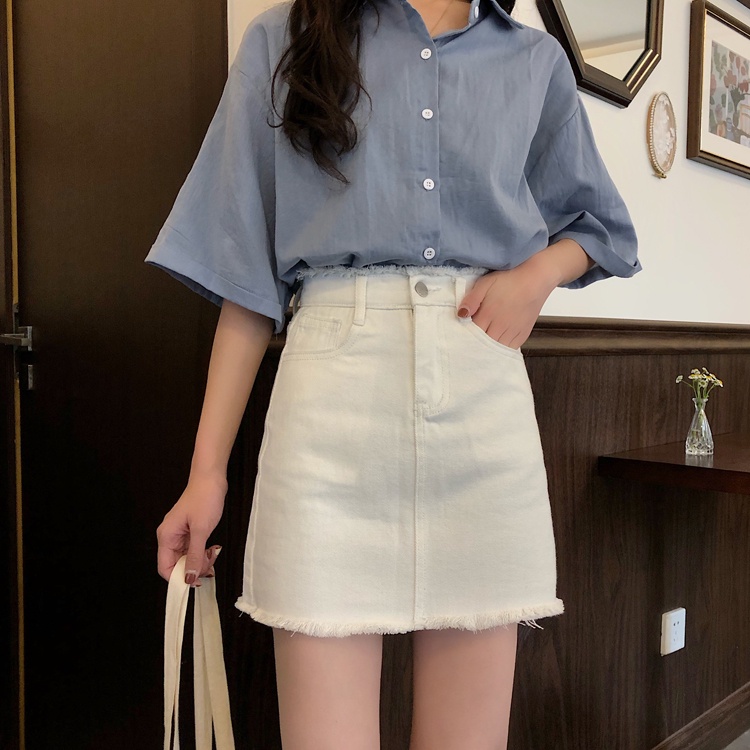 Rok Jeans Pendek A-Line Rok Denim Skirt Pinggang Tinggi Gaya Korea