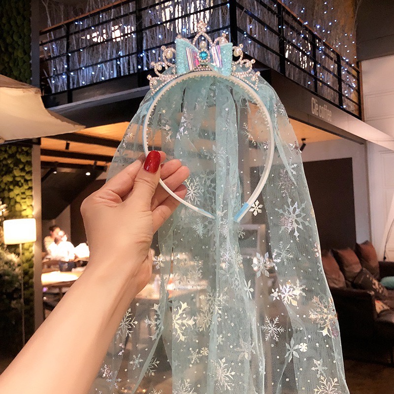 Bando Anak Perempuan Desain Bordir Snowflake Mahkota Simpul Pita Mesh Gaya Princess Frozen