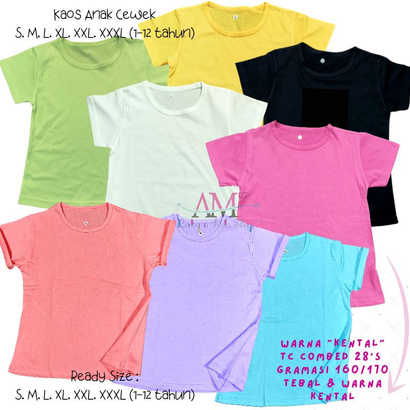 Baju Kaos Anak Cewek Polos 1-11 tahun WARNA TERANG ukuran S.M.L.XL.XXL.XXXL