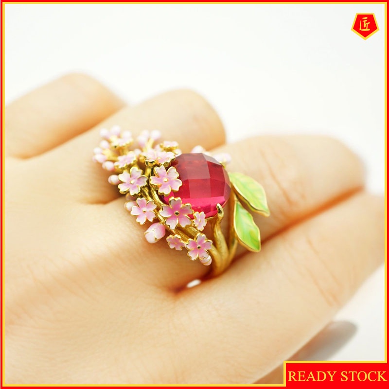 [Ready Stock]Diamond Pink Flower 18K Gold Ring Amethyst Noble Elegant Graceful