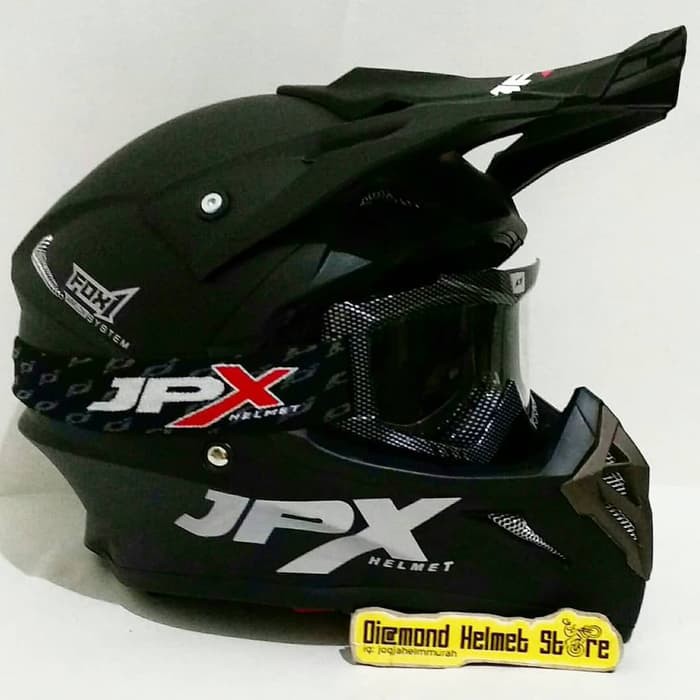 Paket Helm cross JPX Fox 1 Solid Black Goggle JPX Carbon Clear Lens
