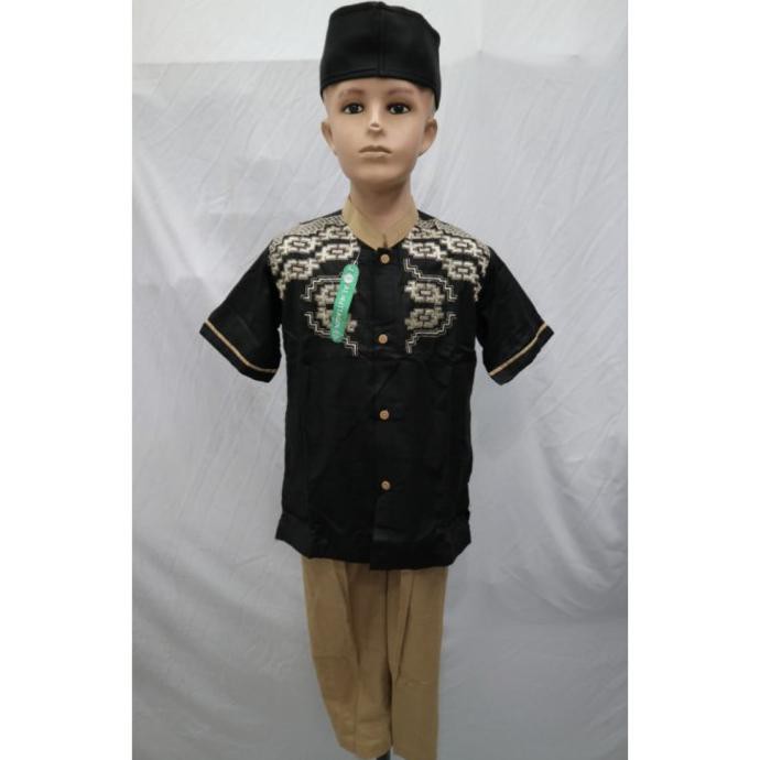 Grosir Baju Setelan Koko Anak Laki - laki Muslim Lengan Pendek Hitam - Hitam, 4-5 tahun KAD6
