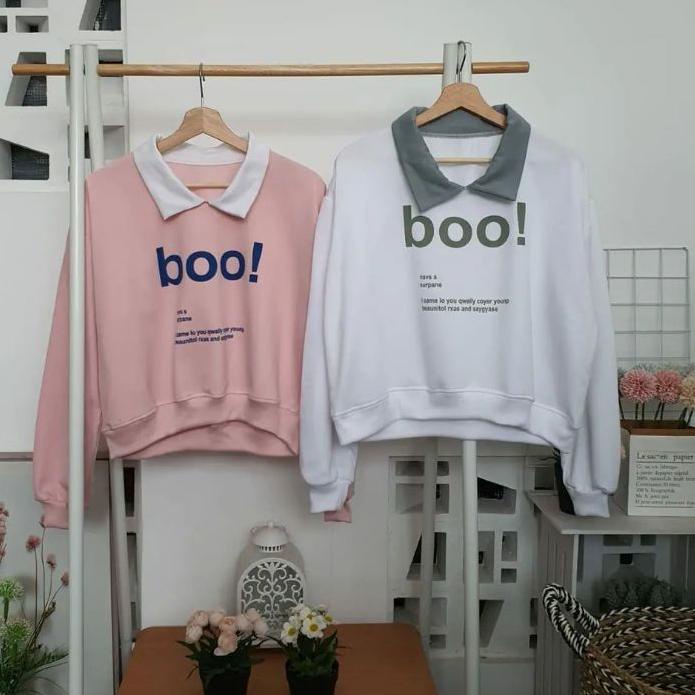 MALL SWEATER KERAH OVERSIZE CROP TOP WANITA BOO | CREWNECK CROP OVERSIZE WANITA KOREAN STYLE | CROP 