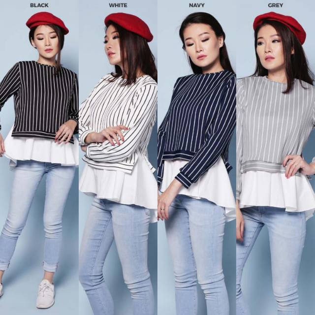 Sonata Stripe Top Blouse Wanita Casual Lengan Panjang Motif Garis Scuba Mix Katun