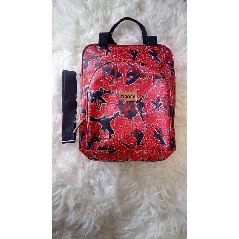 tas anak cowok tk-sd bisa jinjing, selempang, ransel waterproof motif kartun mobil pesawat spiderman